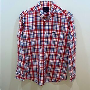 Faconnable Men’s Red, White & Blue Plaid Designer Button Down Shirt. Medium.